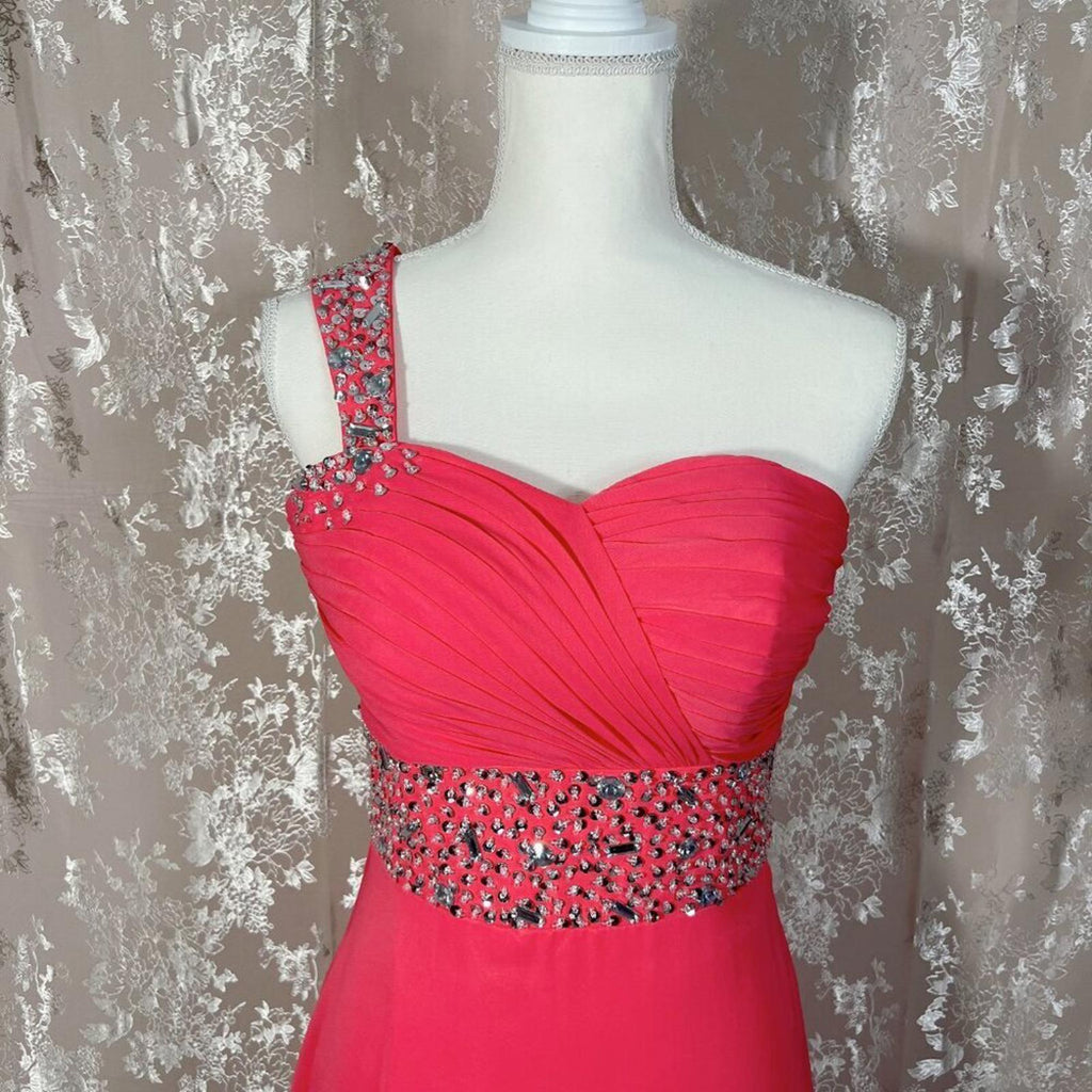 Coral Chiffon Asymmetrical One Shoulder Rhinestone Gown Prom Dress Size 6
