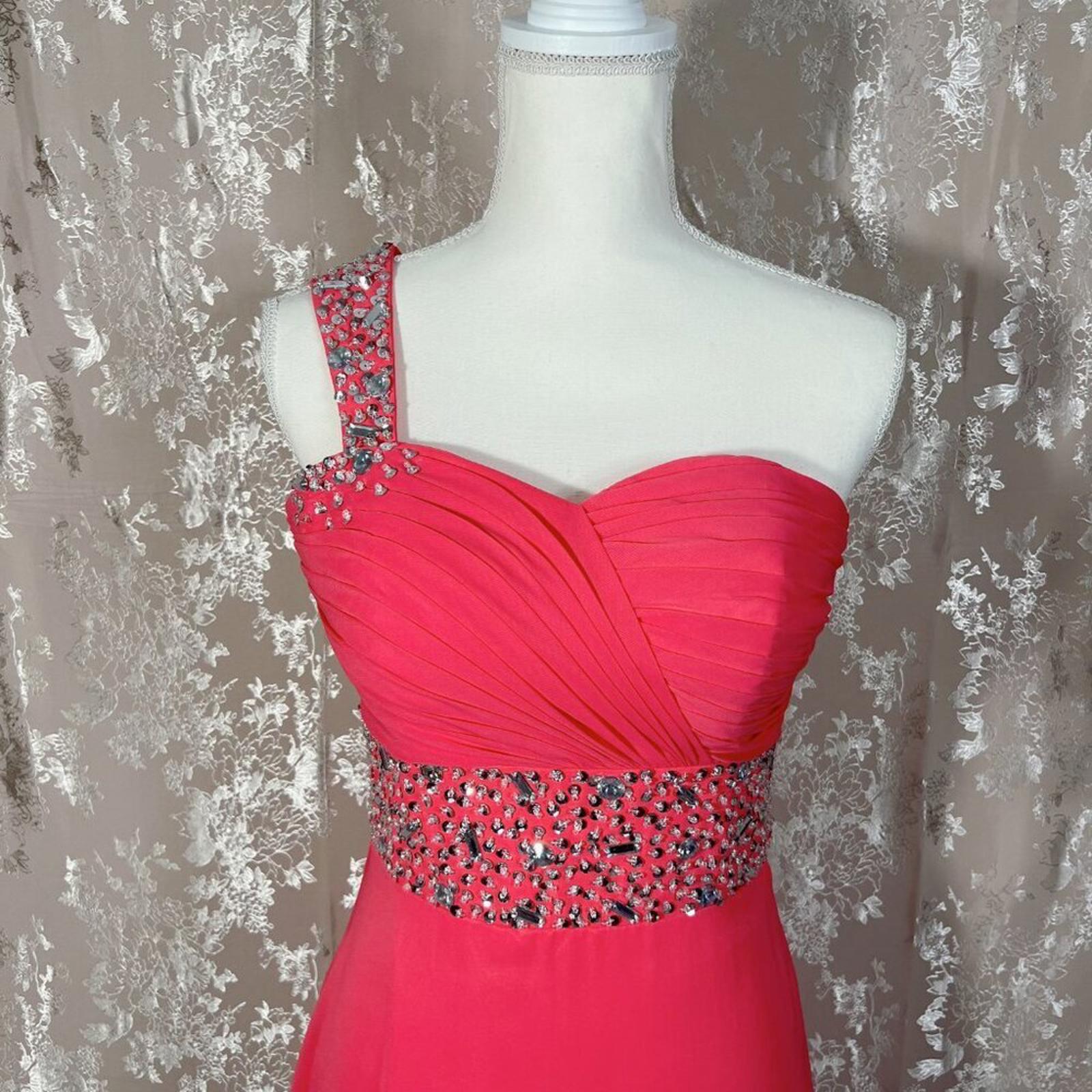 Coral Chiffon Asymmetrical One Shoulder Rhinestone Gown Prom Dress Size 6