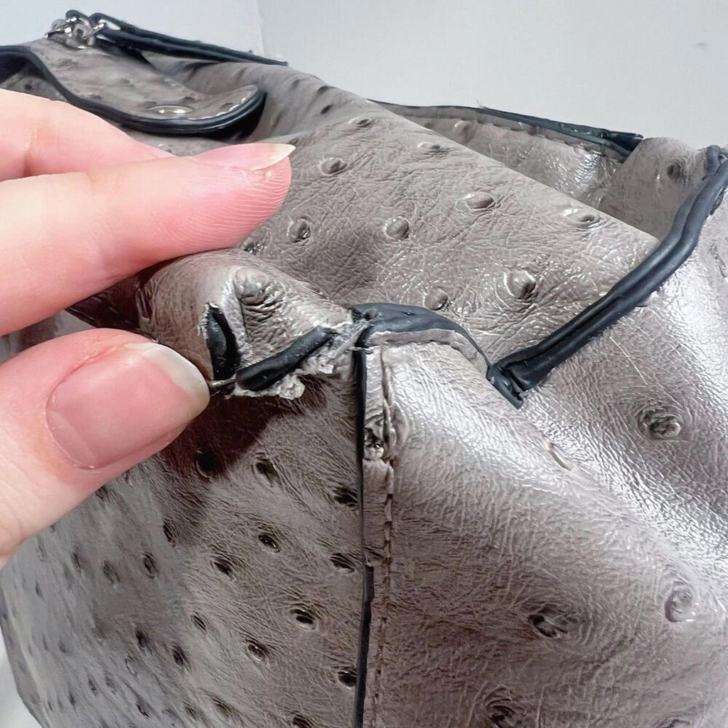 Bueno Fuax Ostrich Leather Grey Handbag Shoulder Bag Exotic Leather Purse