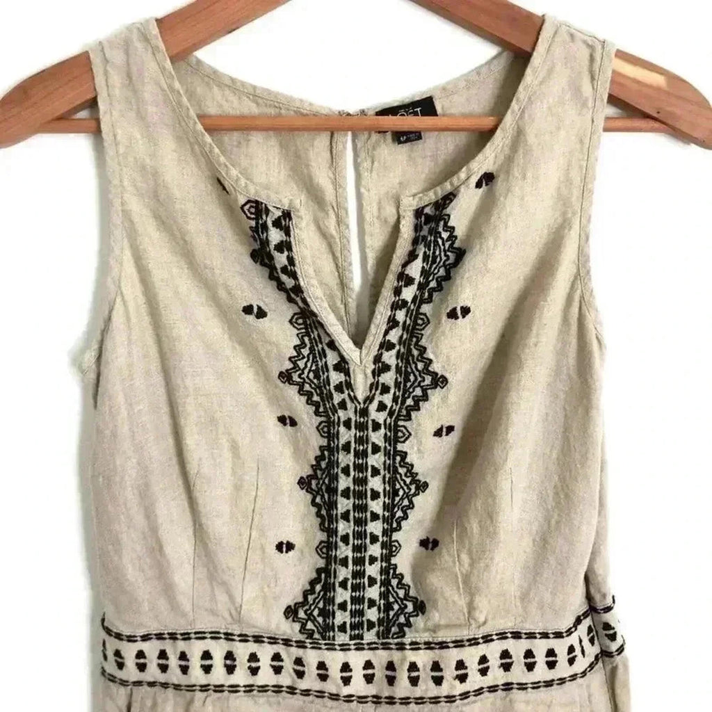 Ann Taylor LOFT Linen Oatmeal Black Embroidered Petite Romper Women's Size 4 P