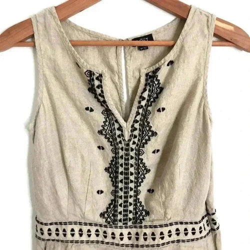 Ann Taylor LOFT Linen Oatmeal Black Embroidered Petite Romper Women's Size 4 P