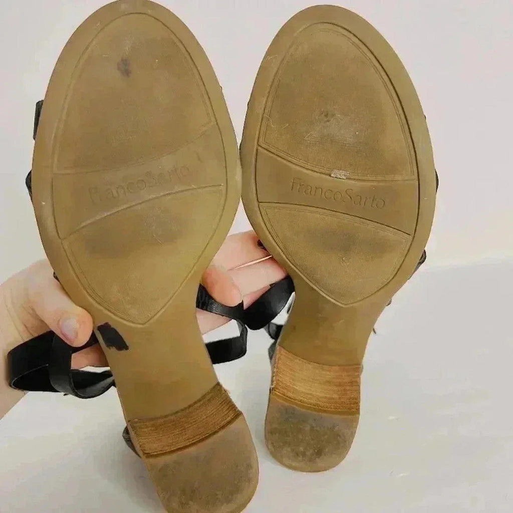 Franco Sarto Black Leather Heeled Sandals Strappy Women's Size 9.5