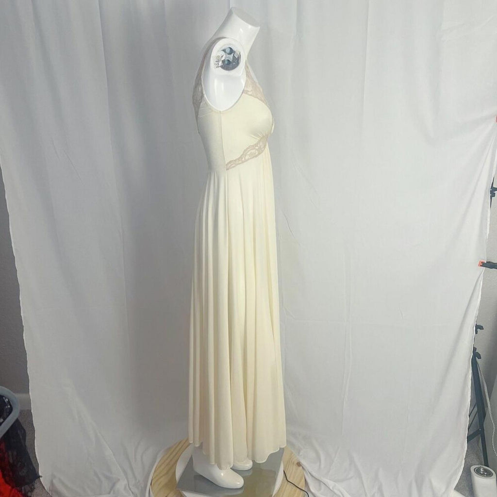 Olga Bodysilk 1970s Vintage Cream Lace Bodice Long Nightgown Neglige Slip Size S