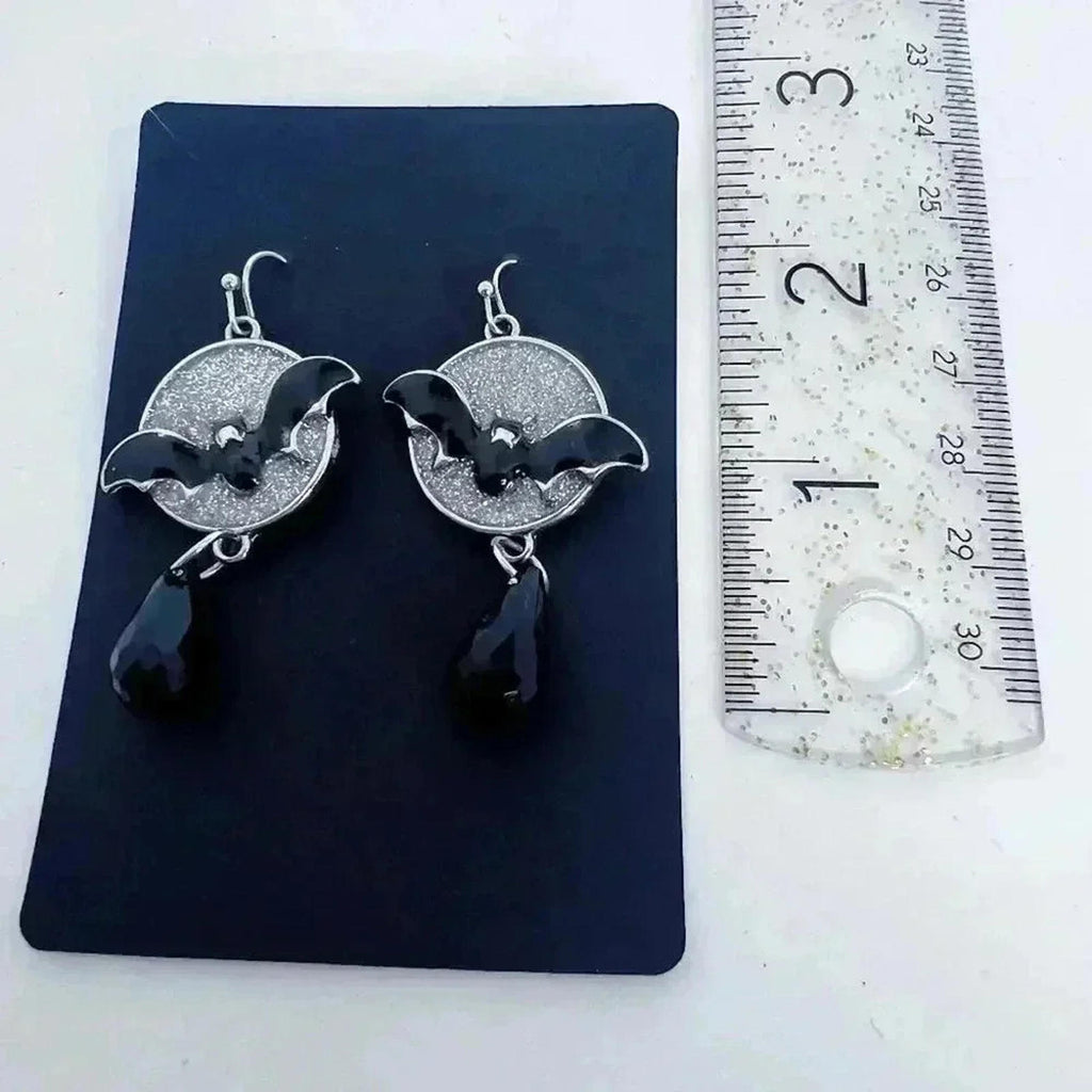 Bat Earrings Silver Sparkly Statement Dangling Earrings Halloween Gothic