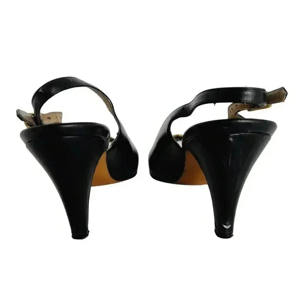 Ferragamo Vintage Leather Slingback Peep Toe Heels Gold Emblem Women's Size 6.5