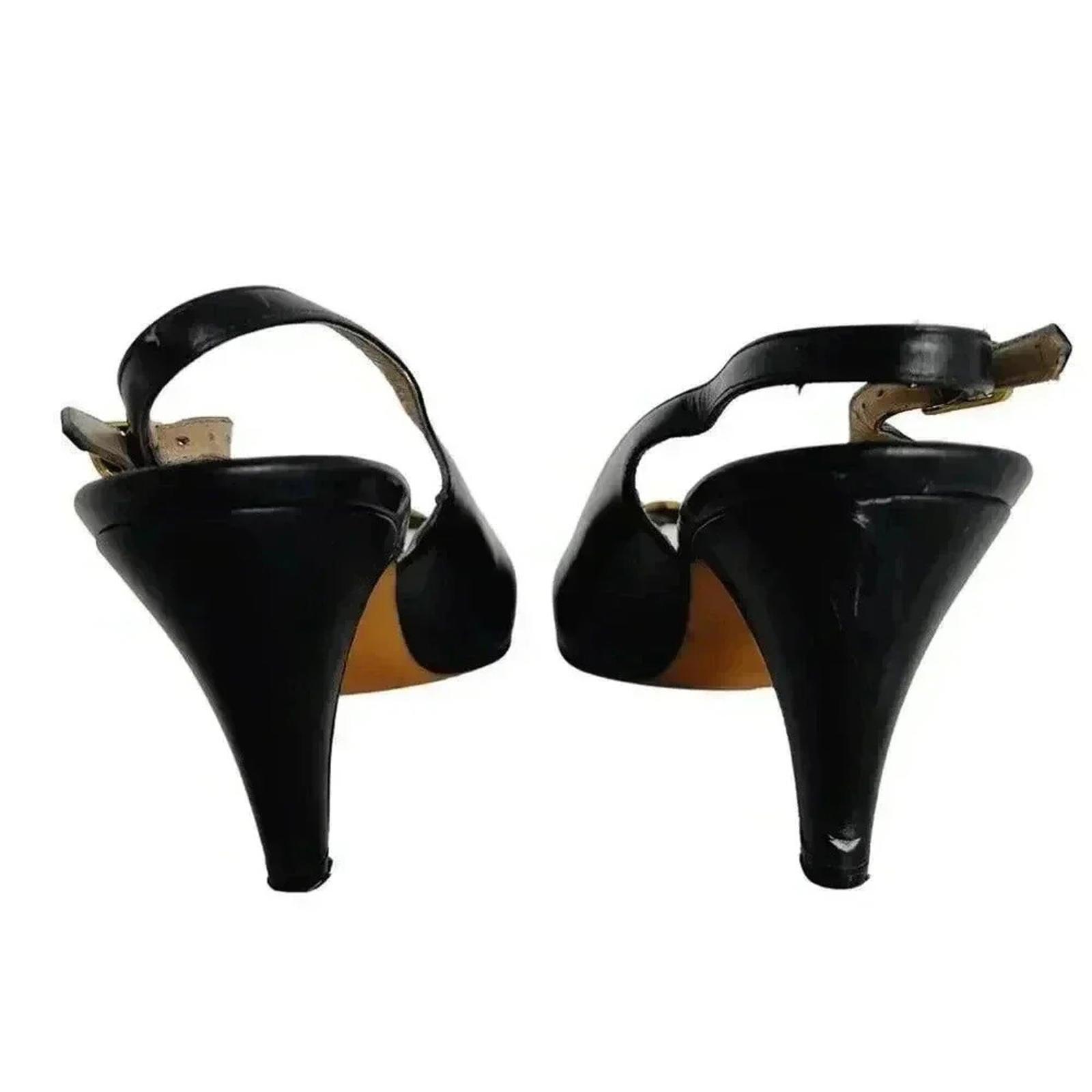 Ferragamo Vintage Leather Slingback Peep Toe Heels Gold Emblem Women's Size 6.5