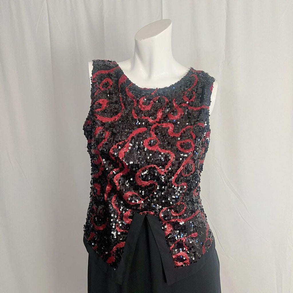 Vintage 80s 90s Blue Day's Black Chiffon Red Sequined Evening Gown Dress Size 10
