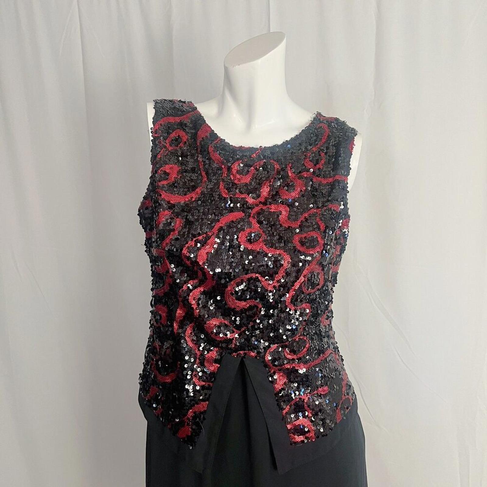 Vintage 80s 90s Blue Day's Black Chiffon Red Sequined Evening Gown Dress Size 10