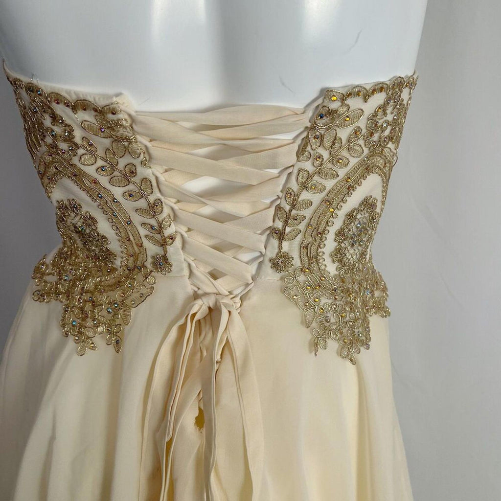 Metallic Gold Corset Cream Chiffon Strapless Formal Dress Prom Homecoming Size 4