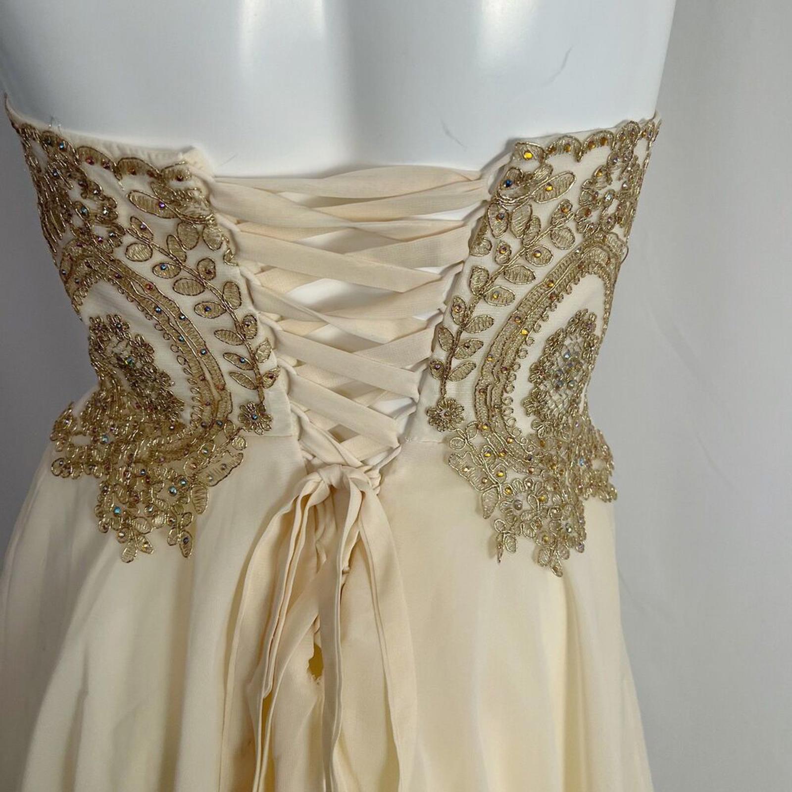 Metallic Gold Corset Cream Chiffon Strapless Formal Dress Prom Homecoming Size 4