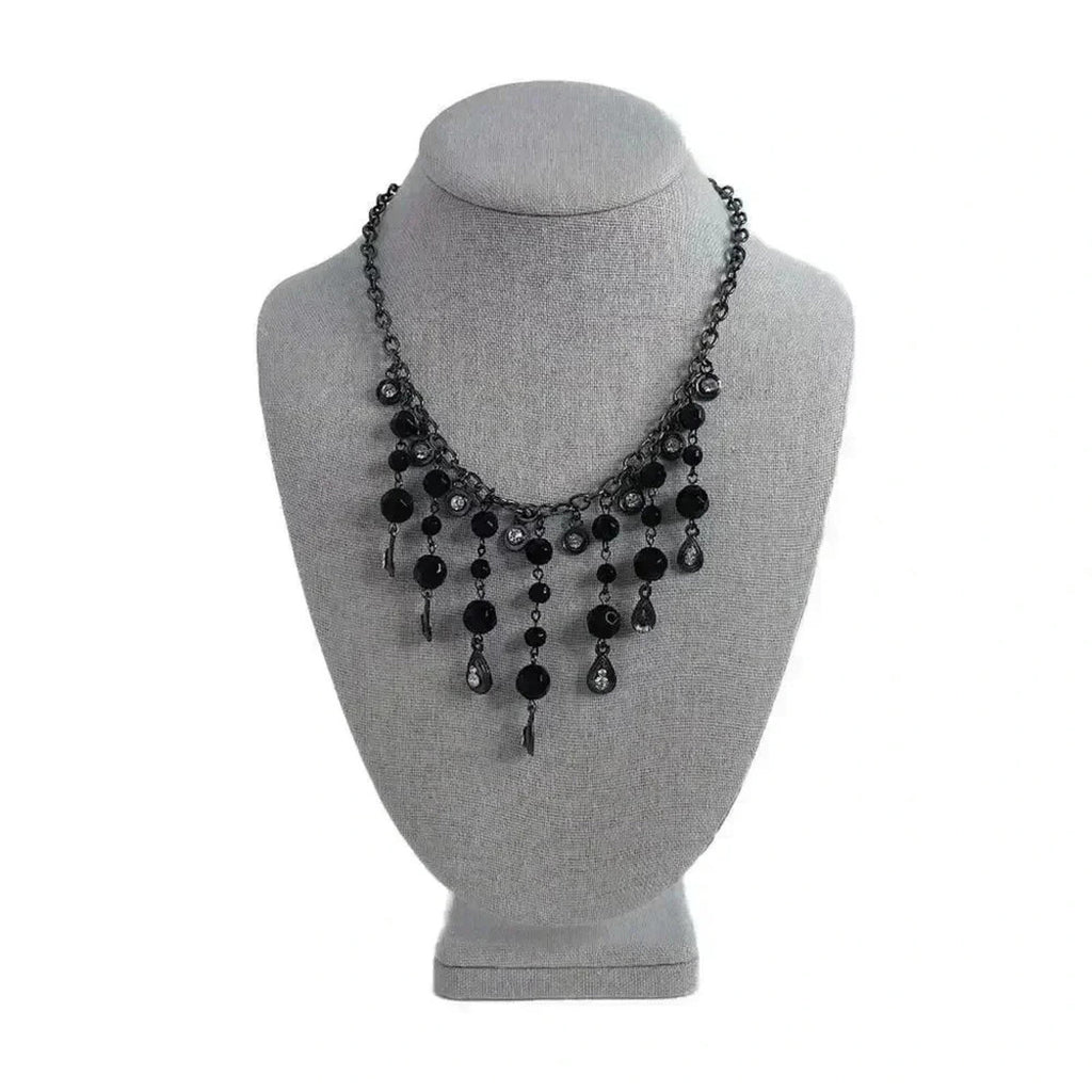 Gunmetal Teardrop Necklace Black Beads Rhinestones Bohemian Chic