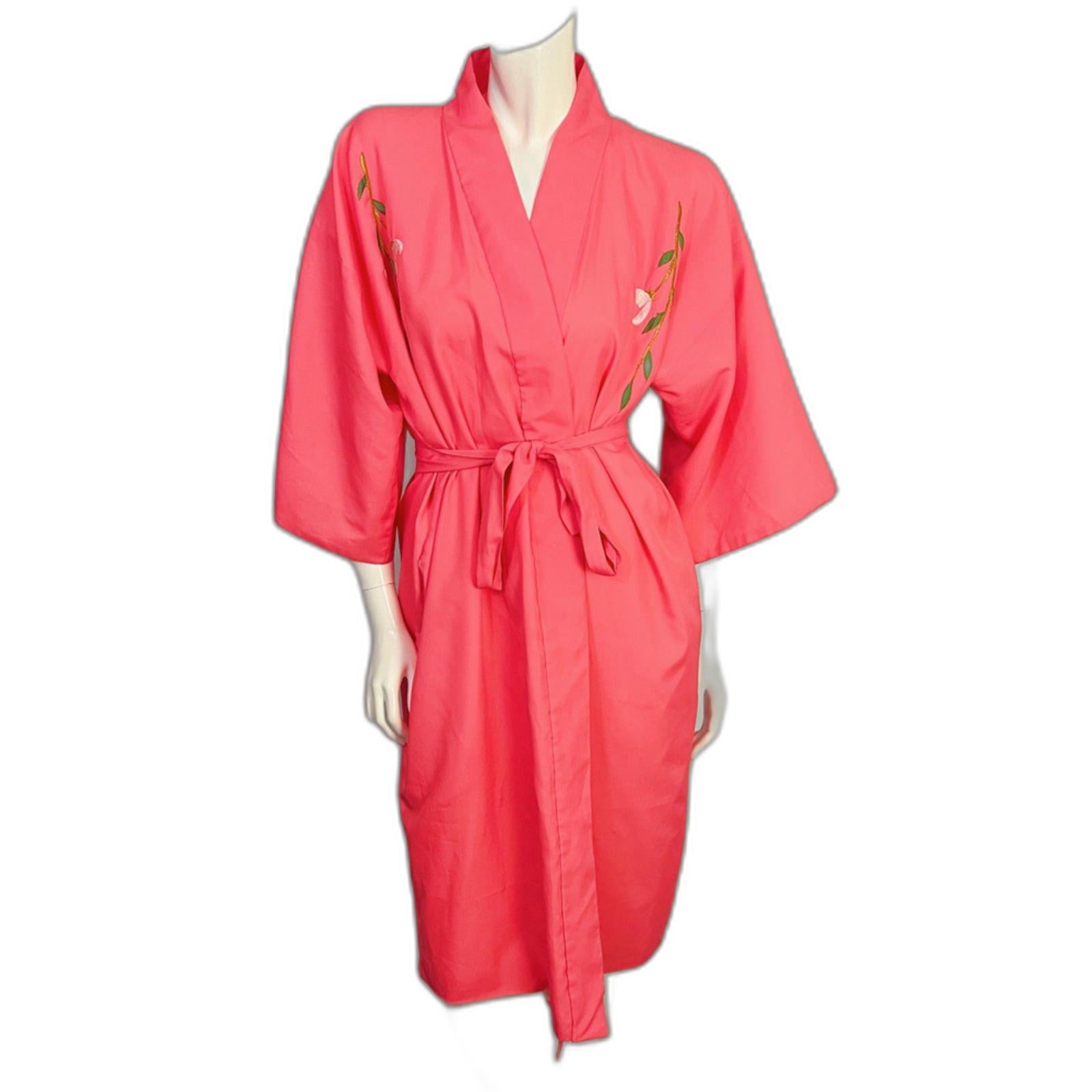 RARE Vintage 1960s 1970s Japanese Neon Pink Cherry Blossom Embroidered Robe