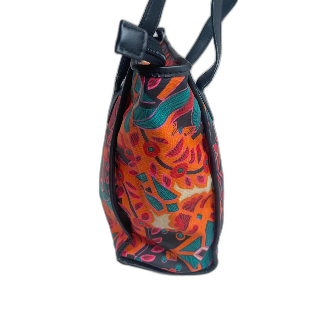 Fossil KeyPer Orange and Pink Flower Floral Tote Bag Black Leather Purse