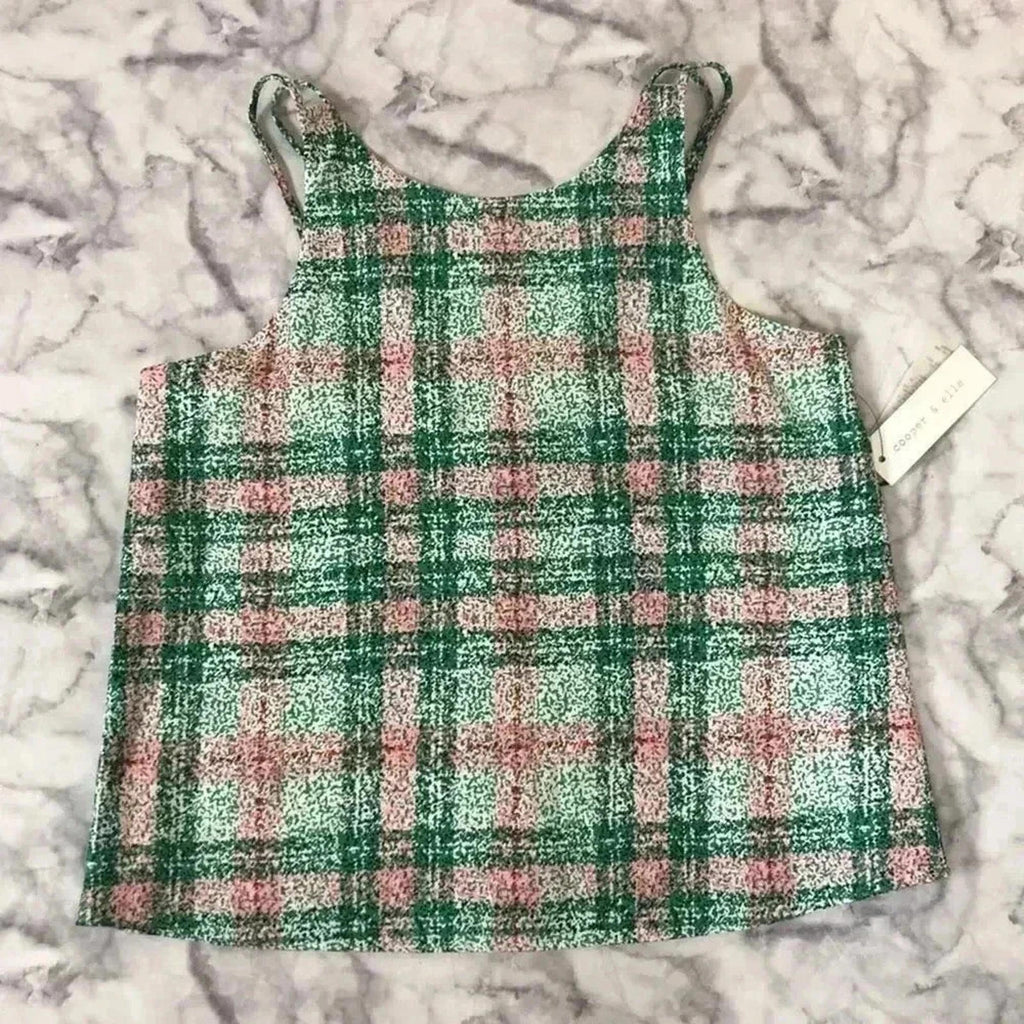 NWT Cooper and Ella Green Pink Plaid Tank Blouse Women's Size M