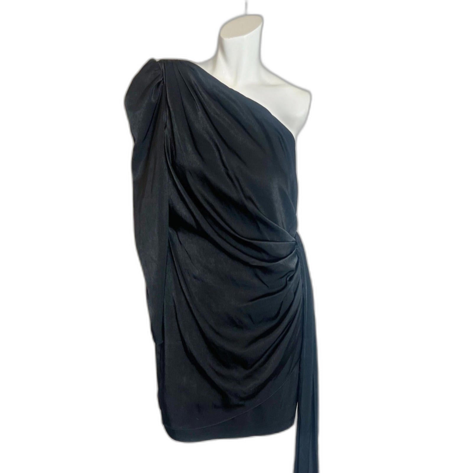 NWT Aidan Mattox Black One Shoulder Puff Sleeve Satin Dress Size 10