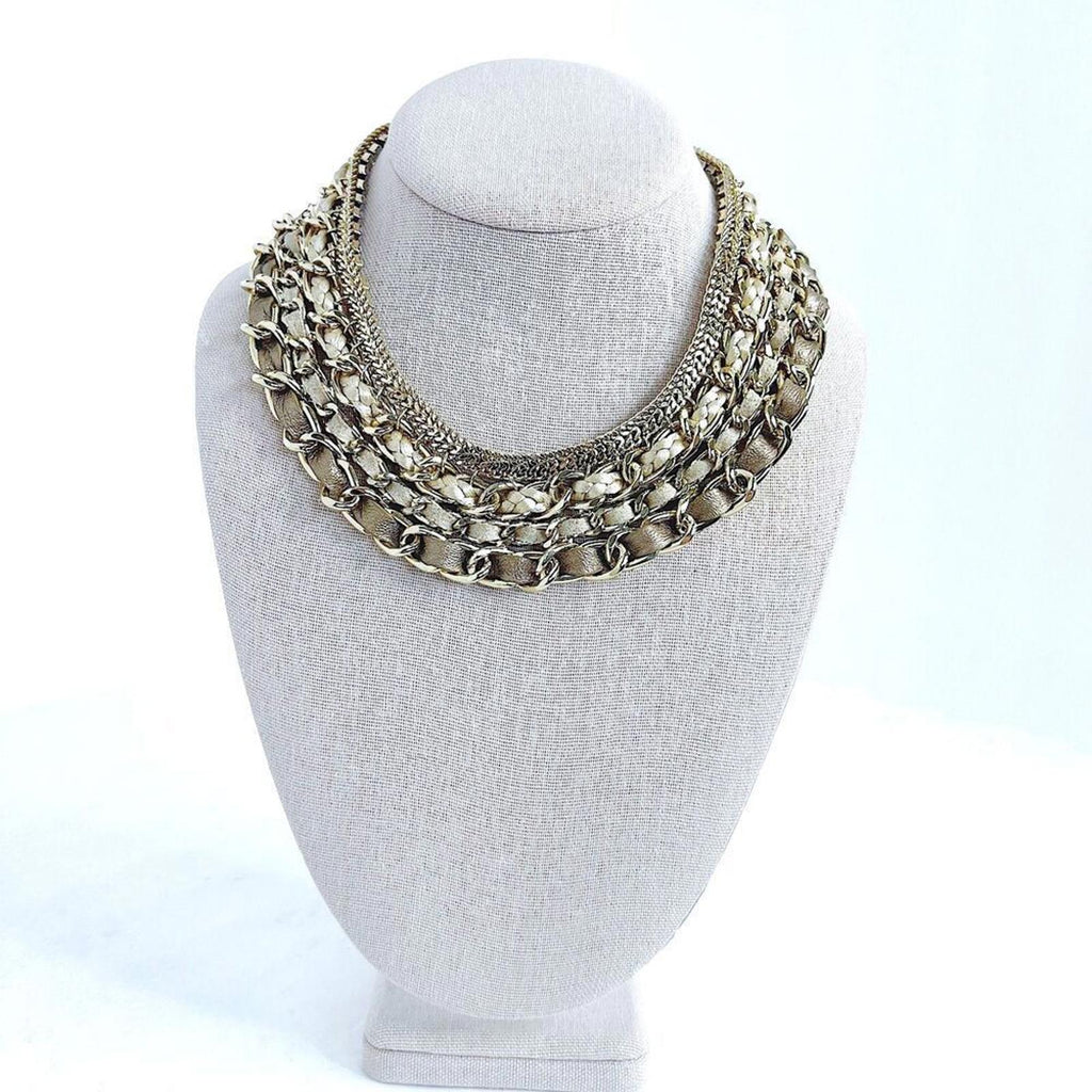 WHBM Gold Chain Multistrand Bib Necklace Leather Braiding Statement Choker