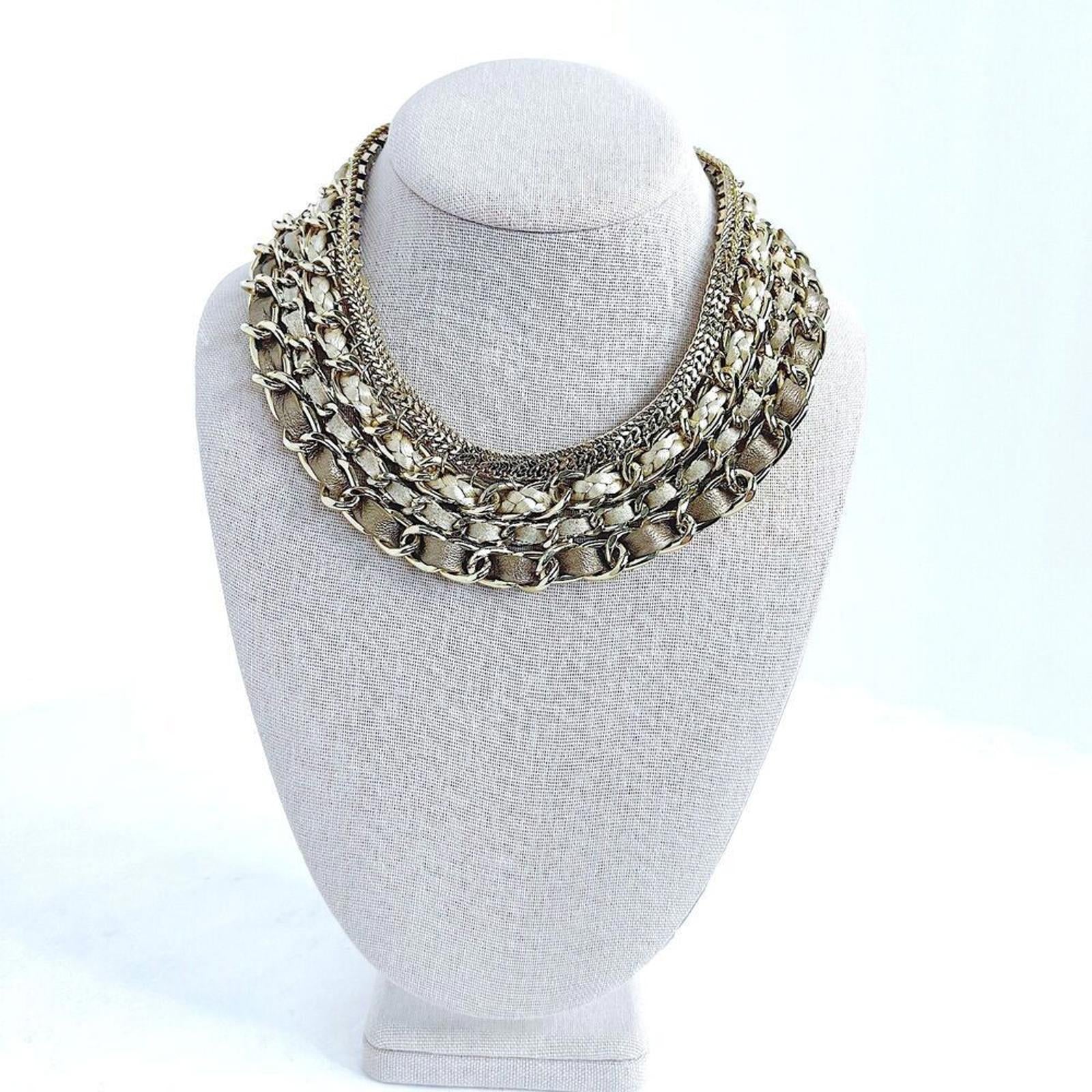 WHBM Gold Chain Multistrand Bib Necklace Leather Braiding Statement Choker