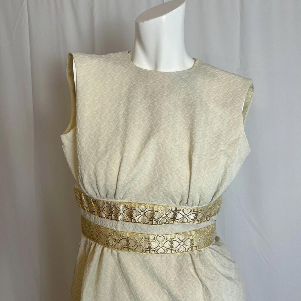 Vintage 60s Cream Mini Dress Gold Trim Belt Mod Sleeveless Sheath Dress Size 7