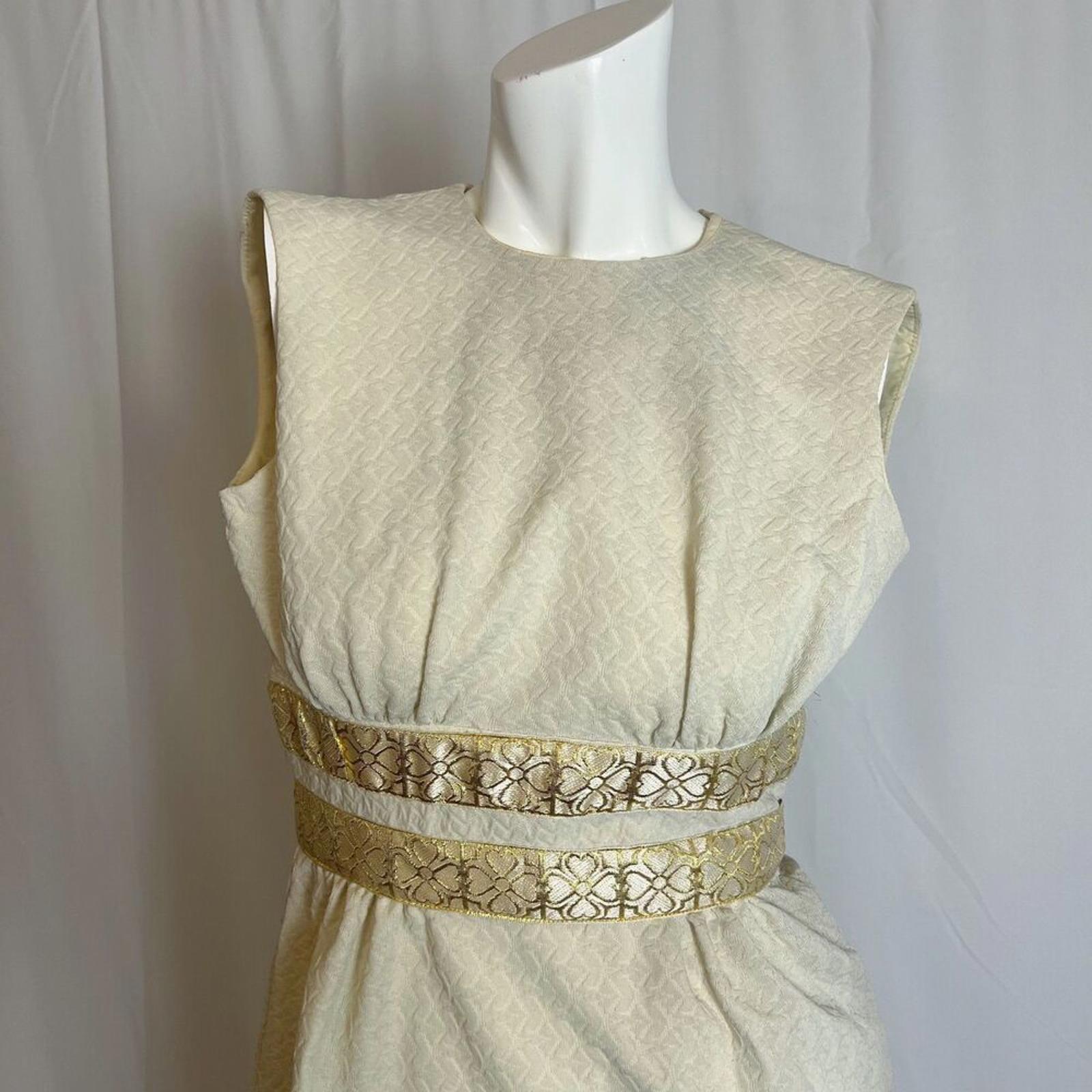 Vintage 60s Cream Mini Dress Gold Trim Belt Mod Sleeveless Sheath Dress Size 7