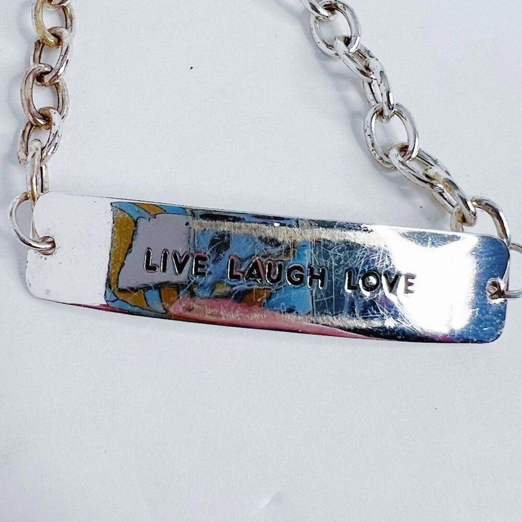 925 Sterling Silver Live Laugh Love Plate Chain Bracelet Precious Metal