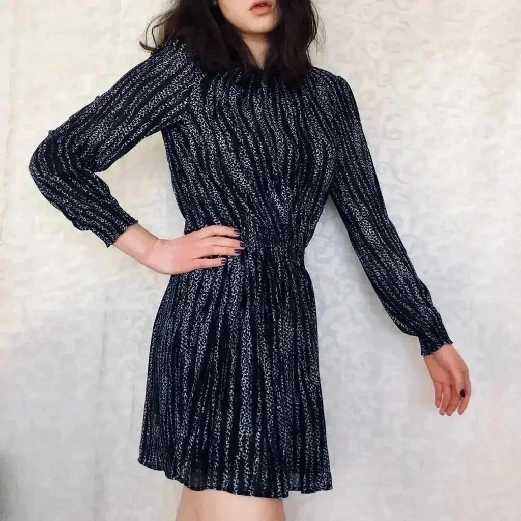 Michael Kors Navy Blue and White Striped Long Sleeve Chiffon Dress Size M