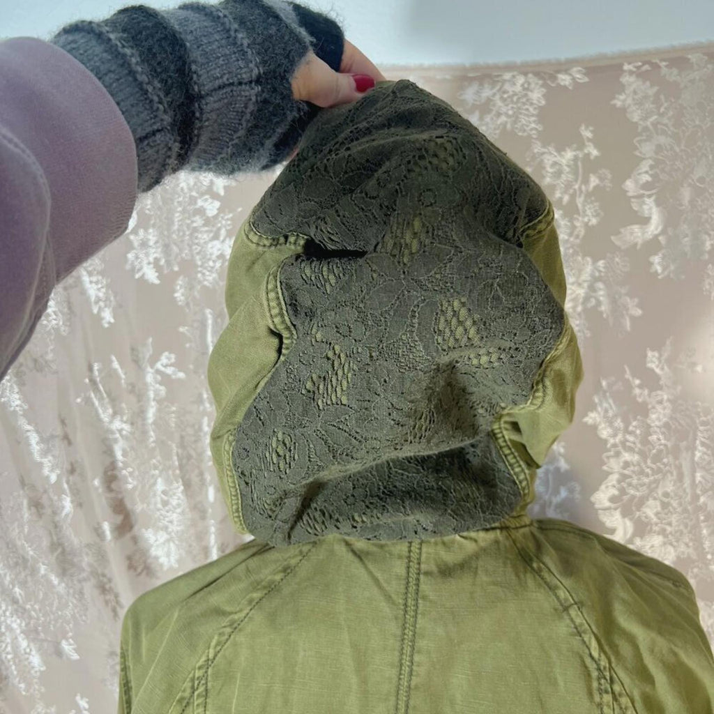 Anthropologie Hei Hei Olive Green Lace Trim Anorak Army Military Jacket Size M