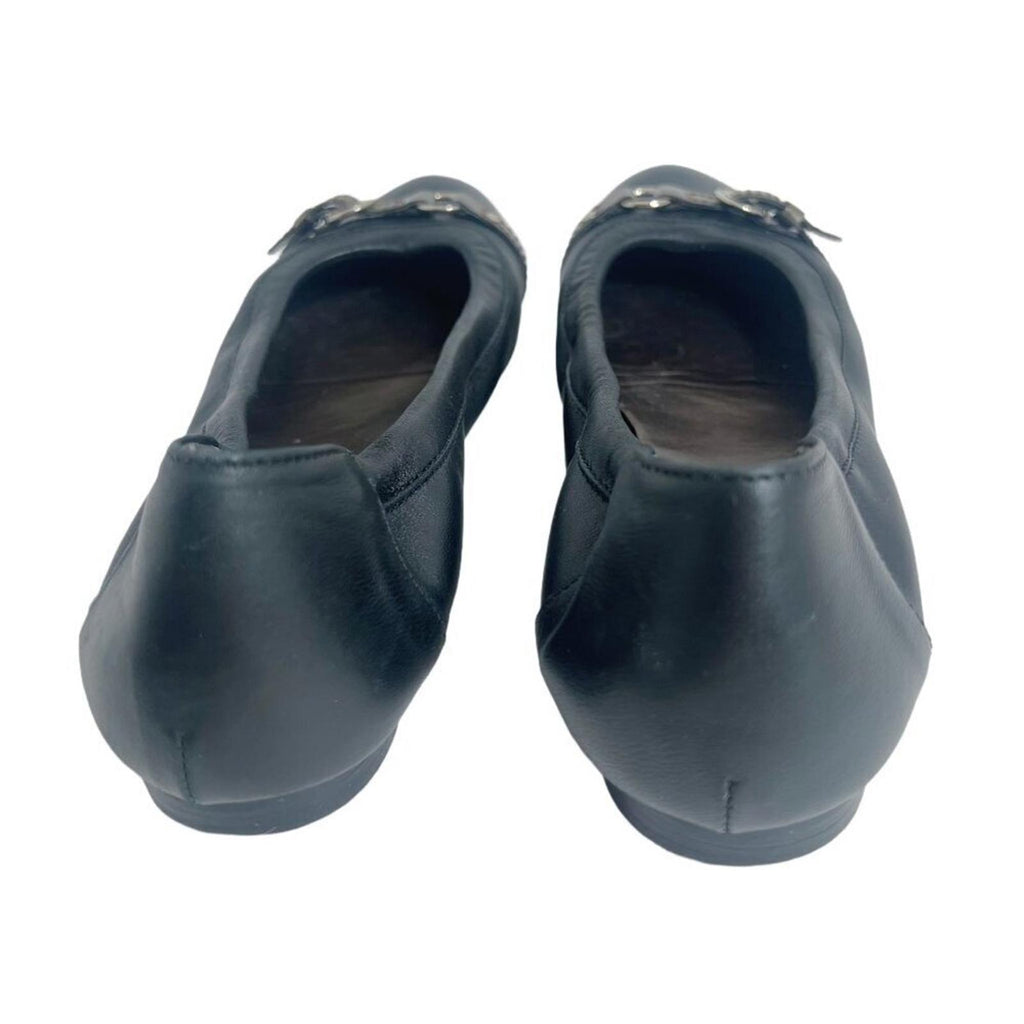 AGL Monika Cap Toe Ballet Flat Black Leather Bronze Buckle Women's Size 9.5