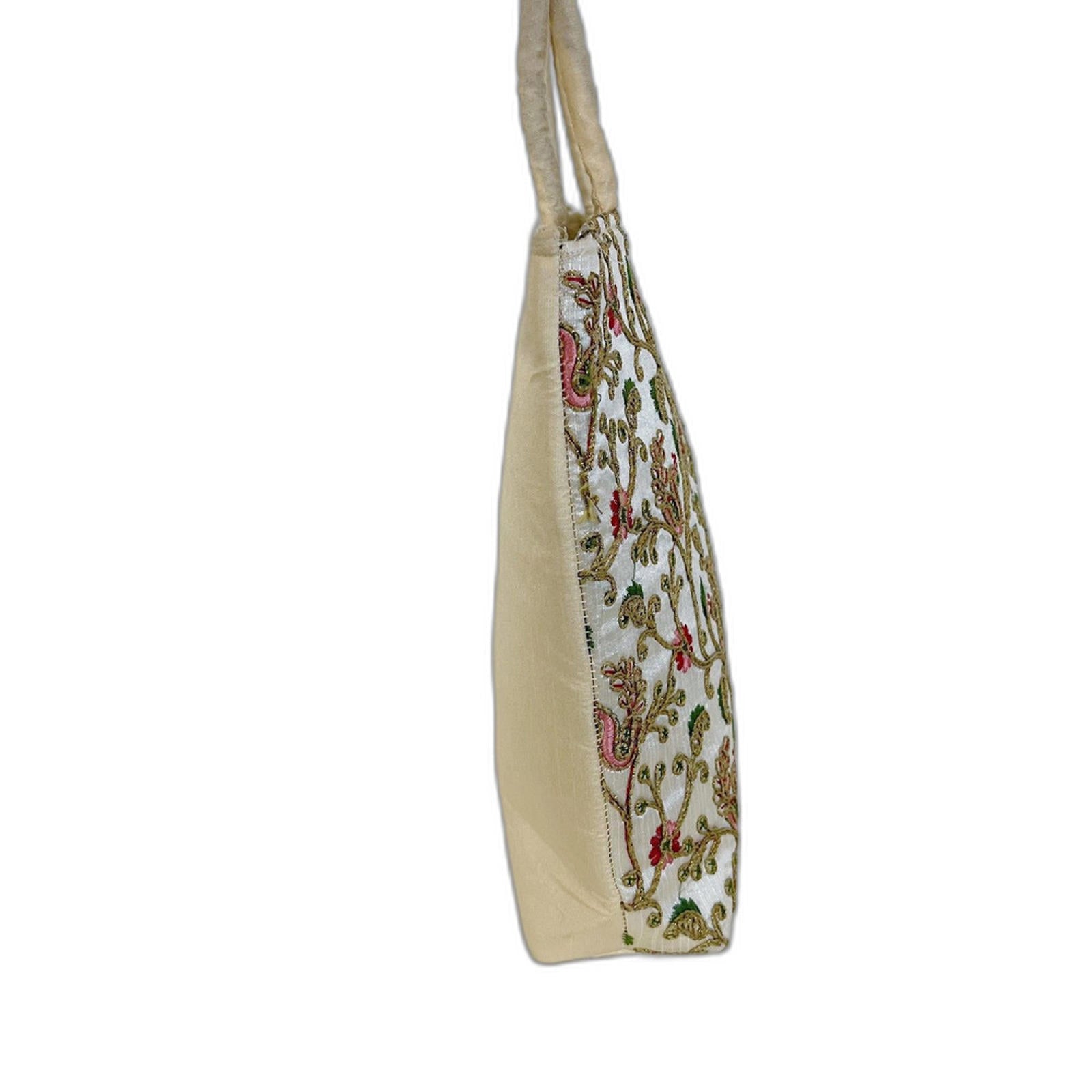 Beautiful Indian Peacock Floral Embroidered Champagne Tote Bag Pink Green