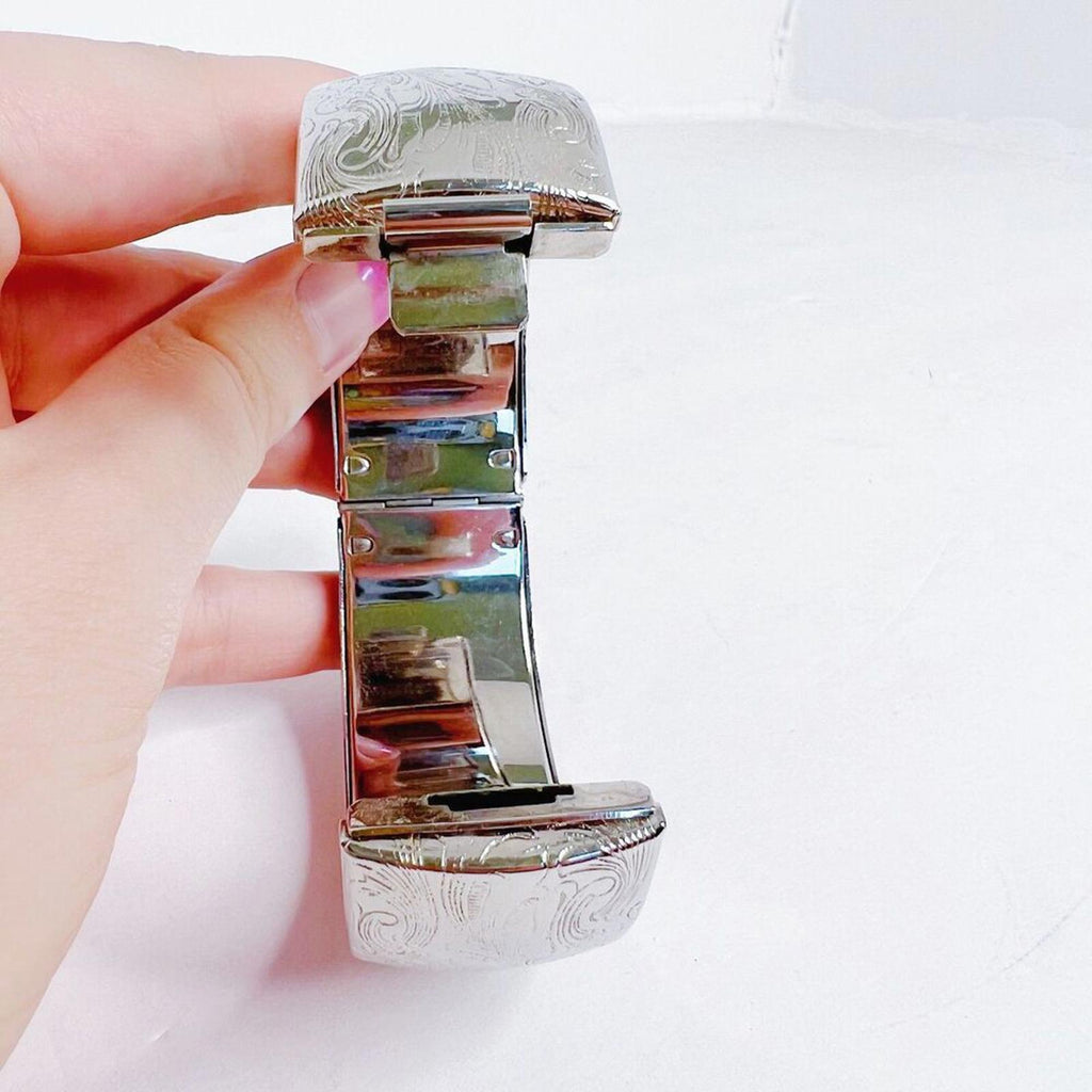 Vintage Floral Etched Silver Cuff Hinged Bracelet Boho Bohemian