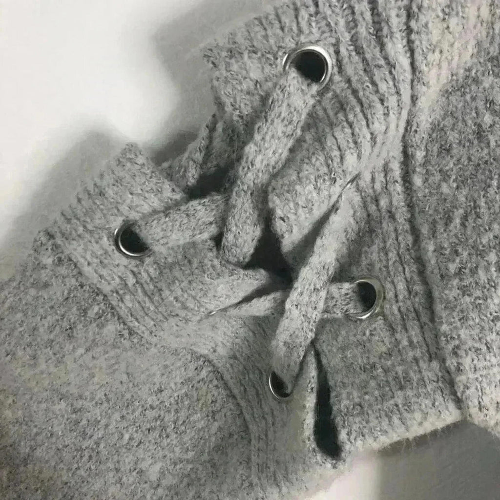 Crave Fame Light Grey Sweater Lace Up Sleeves Cutout Knit Crewneck Size S
