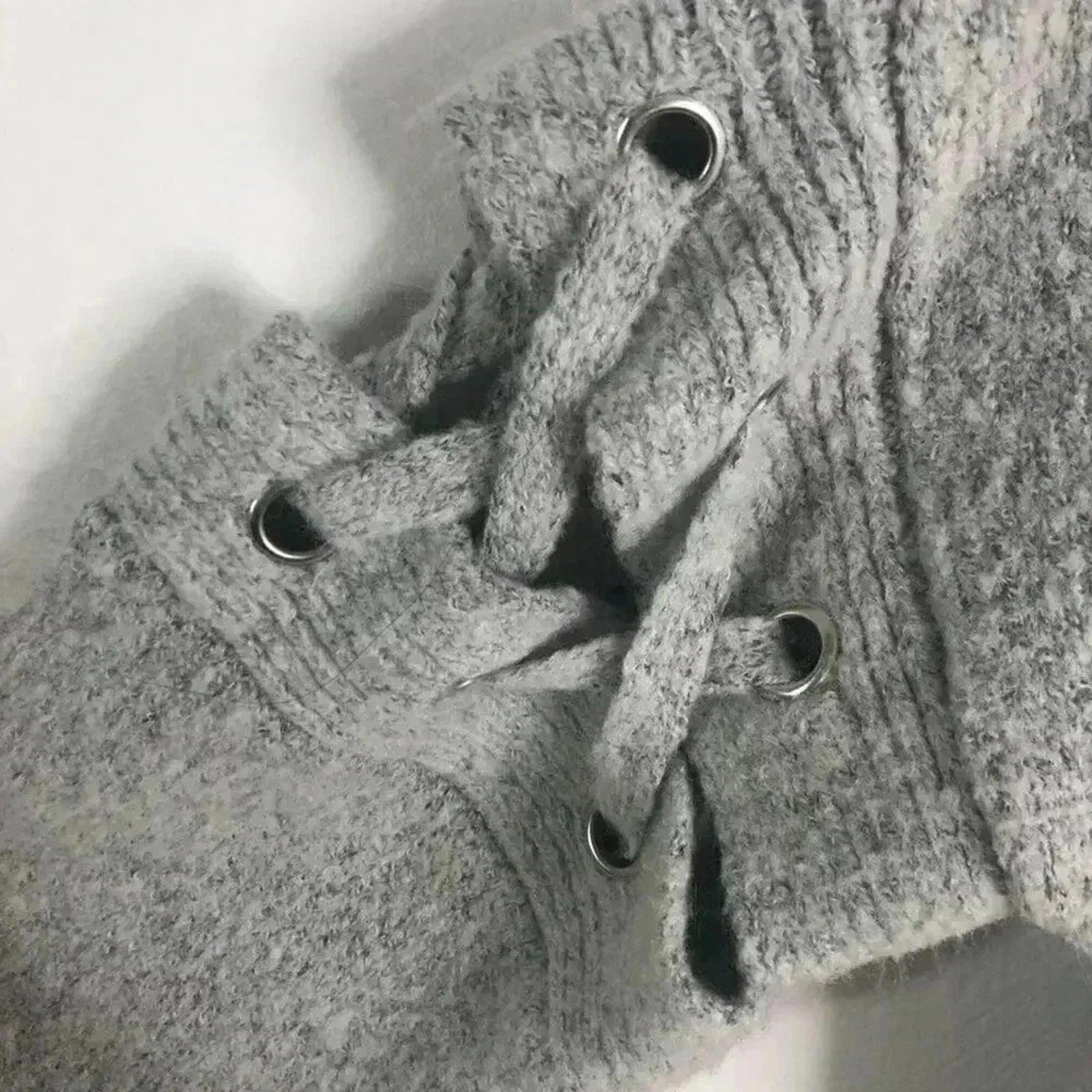 Crave Fame Light Grey Sweater Lace Up Sleeves Cutout Knit Crewneck Size S