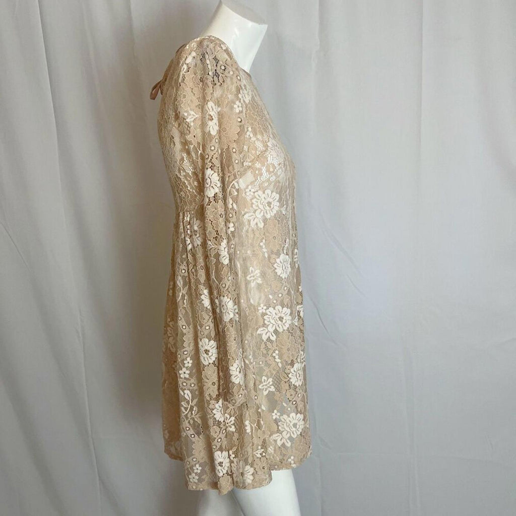 Altar'd State Tan Cream Lace Long Sleeve Dress Swimsuit Coverup Boho Size S