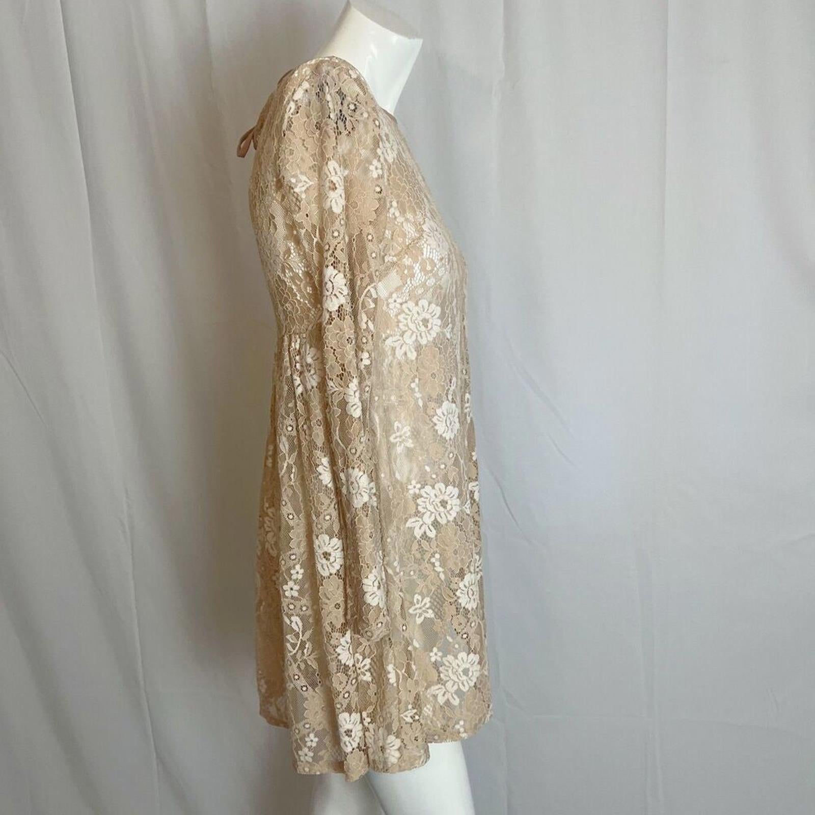 Altar'd State Tan Cream Lace Long Sleeve Dress Swimsuit Coverup Boho Size S