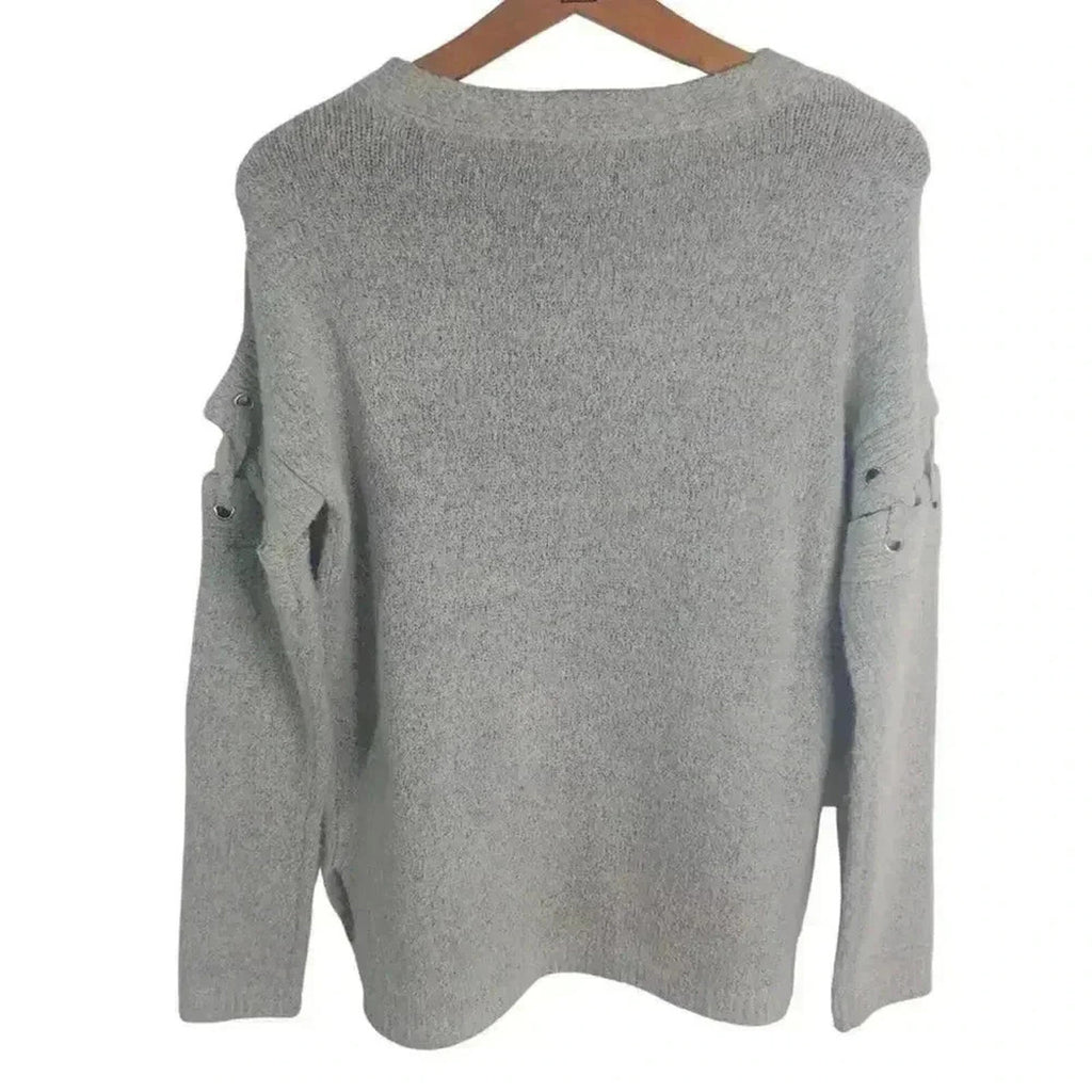 Crave Fame Light Grey Sweater Lace Up Sleeves Cutout Knit Crewneck Size S