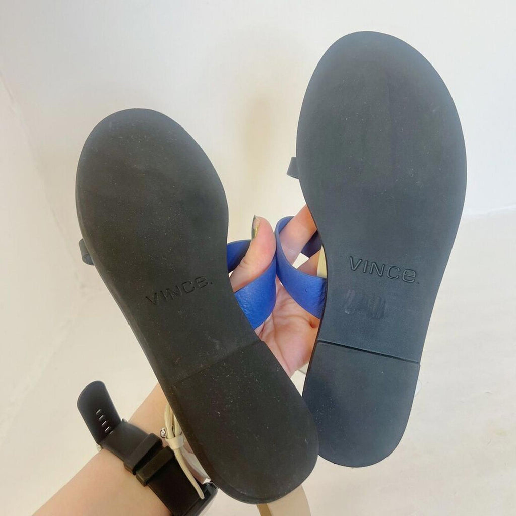 Like New Vince Crete Leather Thong Colorblock Sandal Black Blue Size 7.5