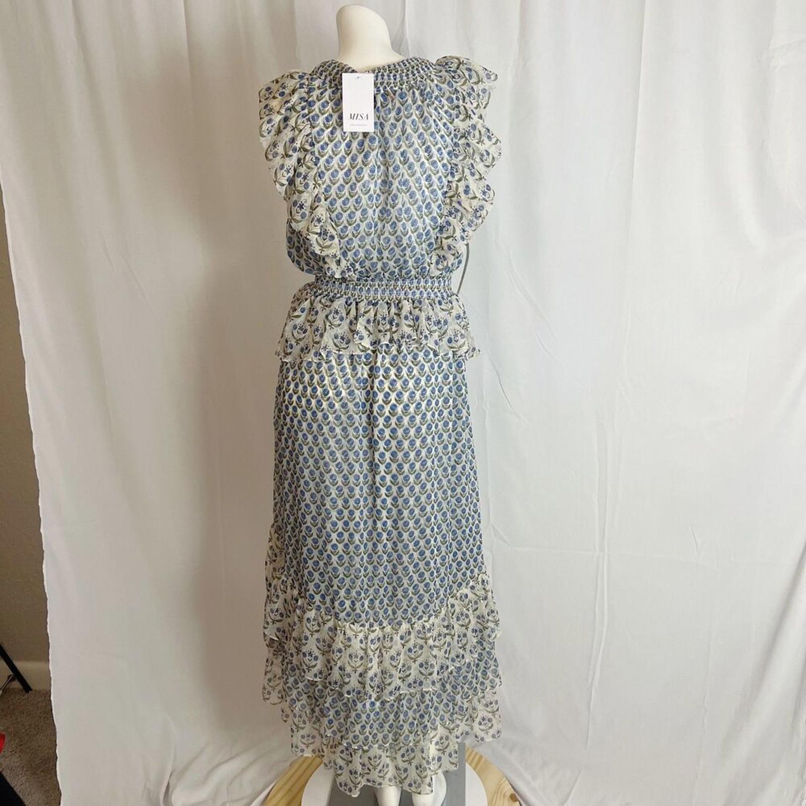 NWT Misa Los Angeles Ruffle Tiered Midi Dress Blue Floral Cottagecore Size S