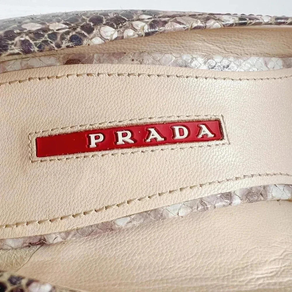 Prada Bow Leather Cork Wedge Peep Toe Pumps Snake Print Size 37.5 3KZ015