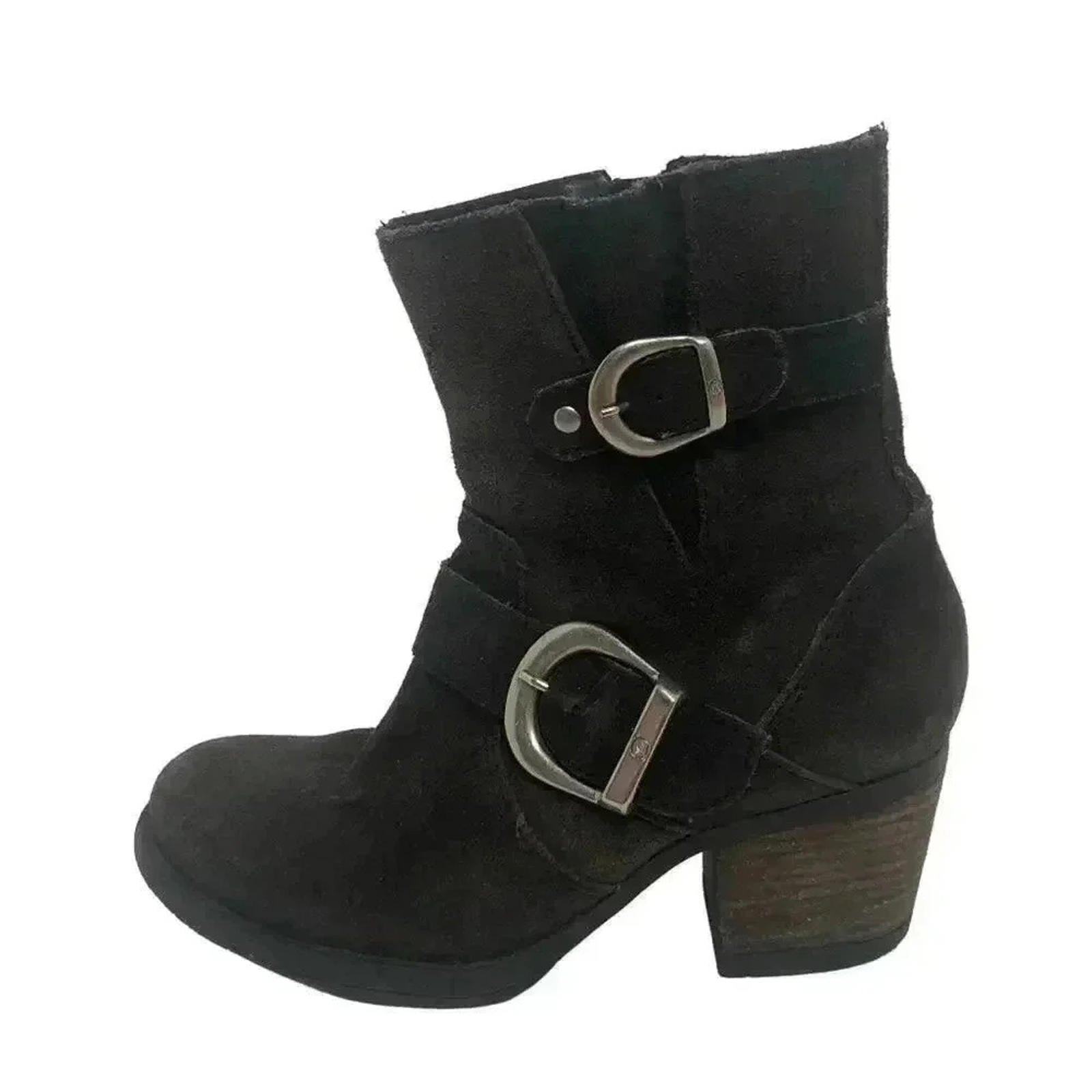 Born Dark Brown Suede Buckled Distressed Booties Women's Size 6.5