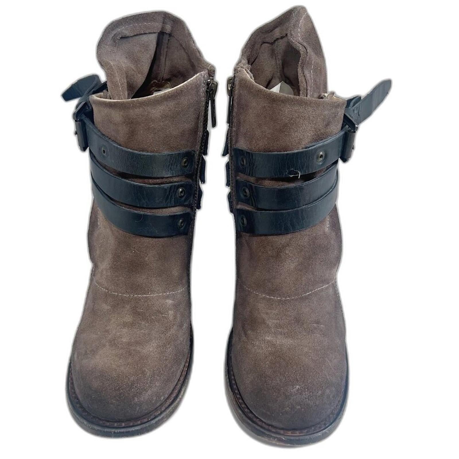 Freebird Blaze Brown Leather Booties Black Buckle Heeled Ankle Boot Size 9