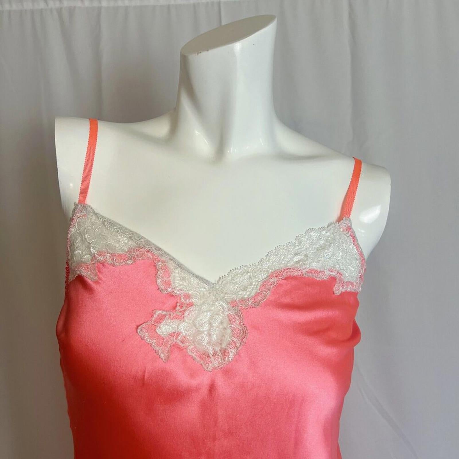 Y2K Vintage Victoria's Secret VS Neon Pink Slip Dress Lace Trim Bows Size S