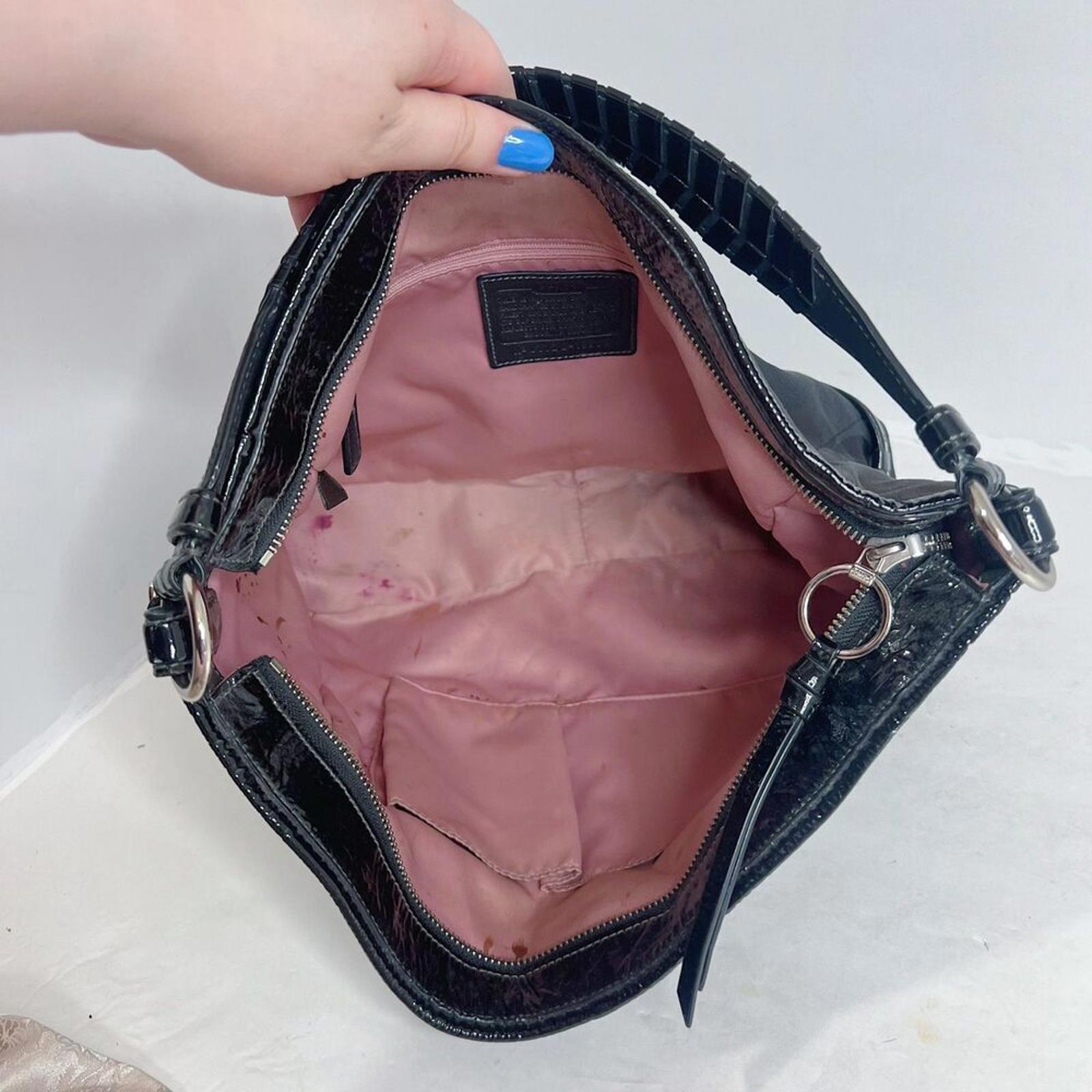 Coach Katarina Black Signature Monogram Hobo Bag Patent Leather Shoulder Bag