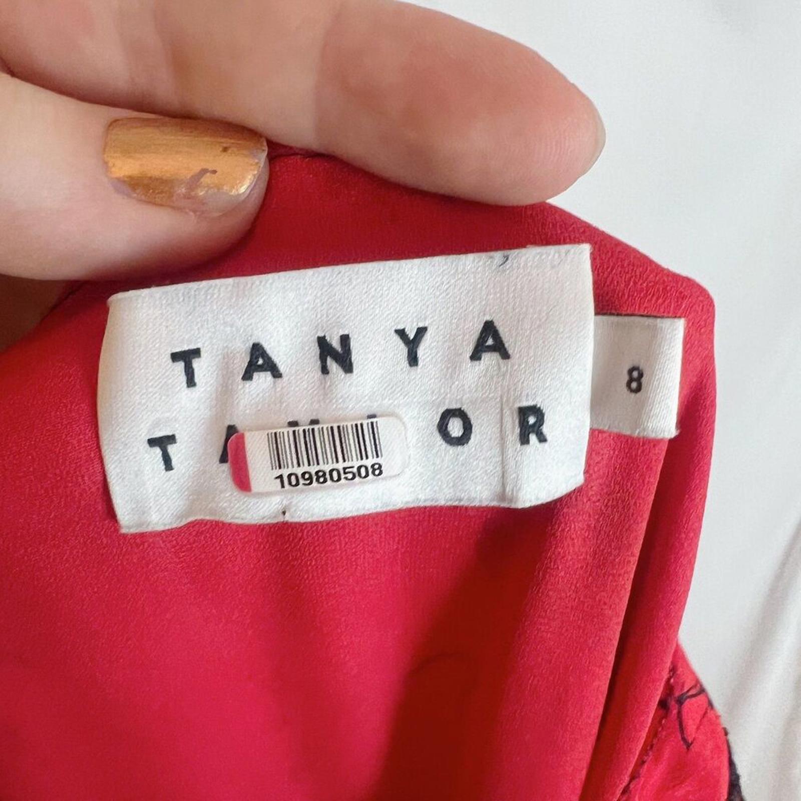 Tanya Taylor Silk Zodiac Print Kara Midi Dress Red Black Lace Cap Sleeves Size 8