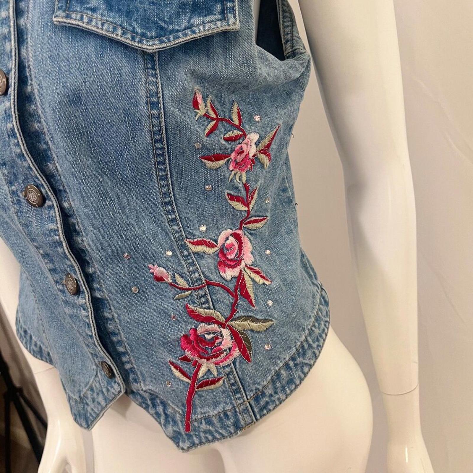 Vintage y2k Bill Blass Denim Vest Pink Flower Embroidered Western Size M