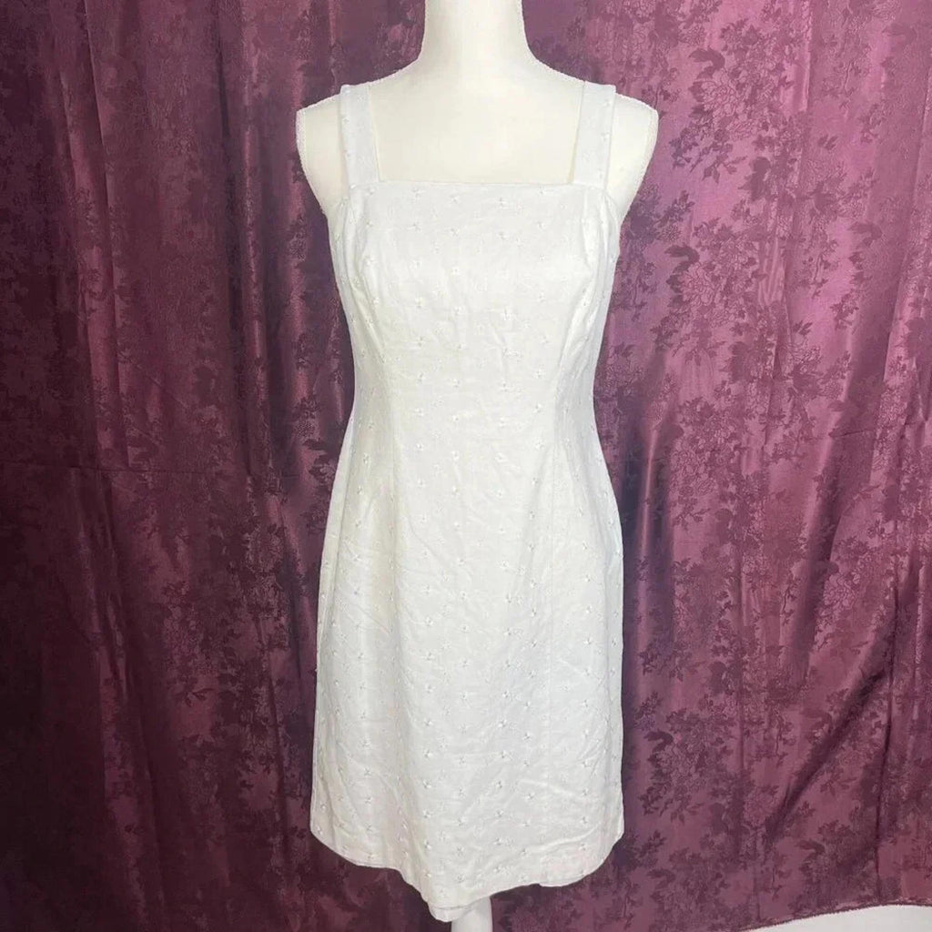 Dress Barn White Linen Dress Eyelet Floral Embroidery With Cardigan Size 6