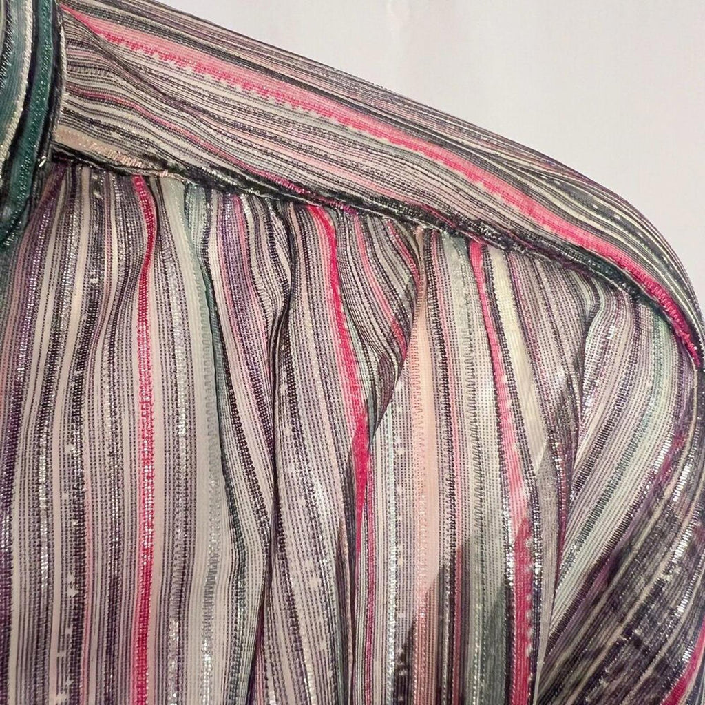 Vintage 1970s Jantzen Metallic Striped Button Down Shirt Sheer Disco Size 12
