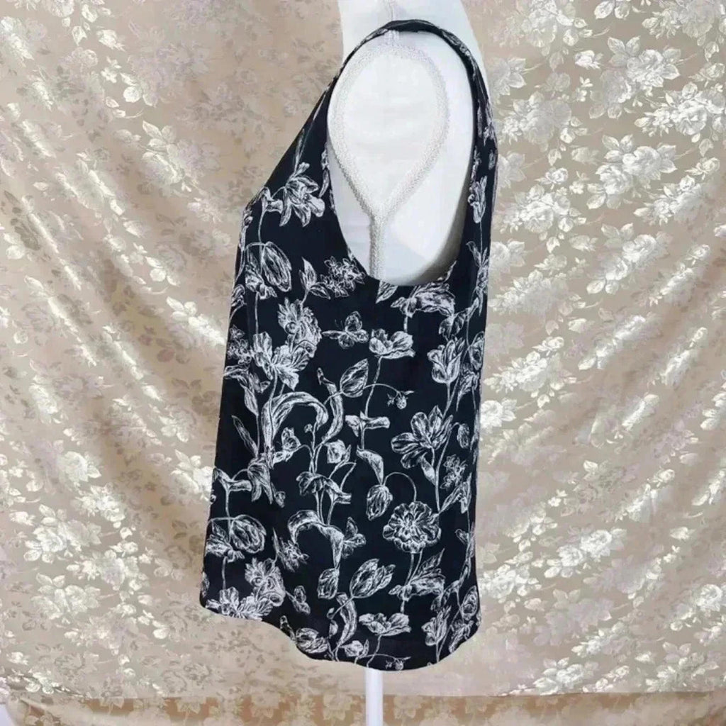 Halogen Black and White Floral Blouse Tank Top Business Casual Office Size S