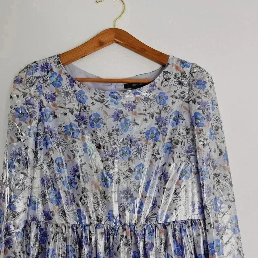 NWOT Forever 21 Purple Floral Metallic Babydoll Dress Women's Size L