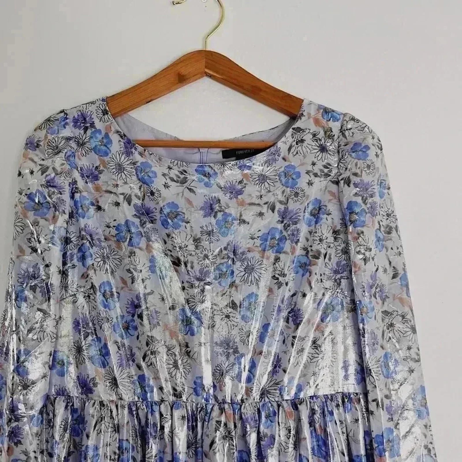 NWOT Forever 21 Purple Floral Metallic Babydoll Dress Women's Size L