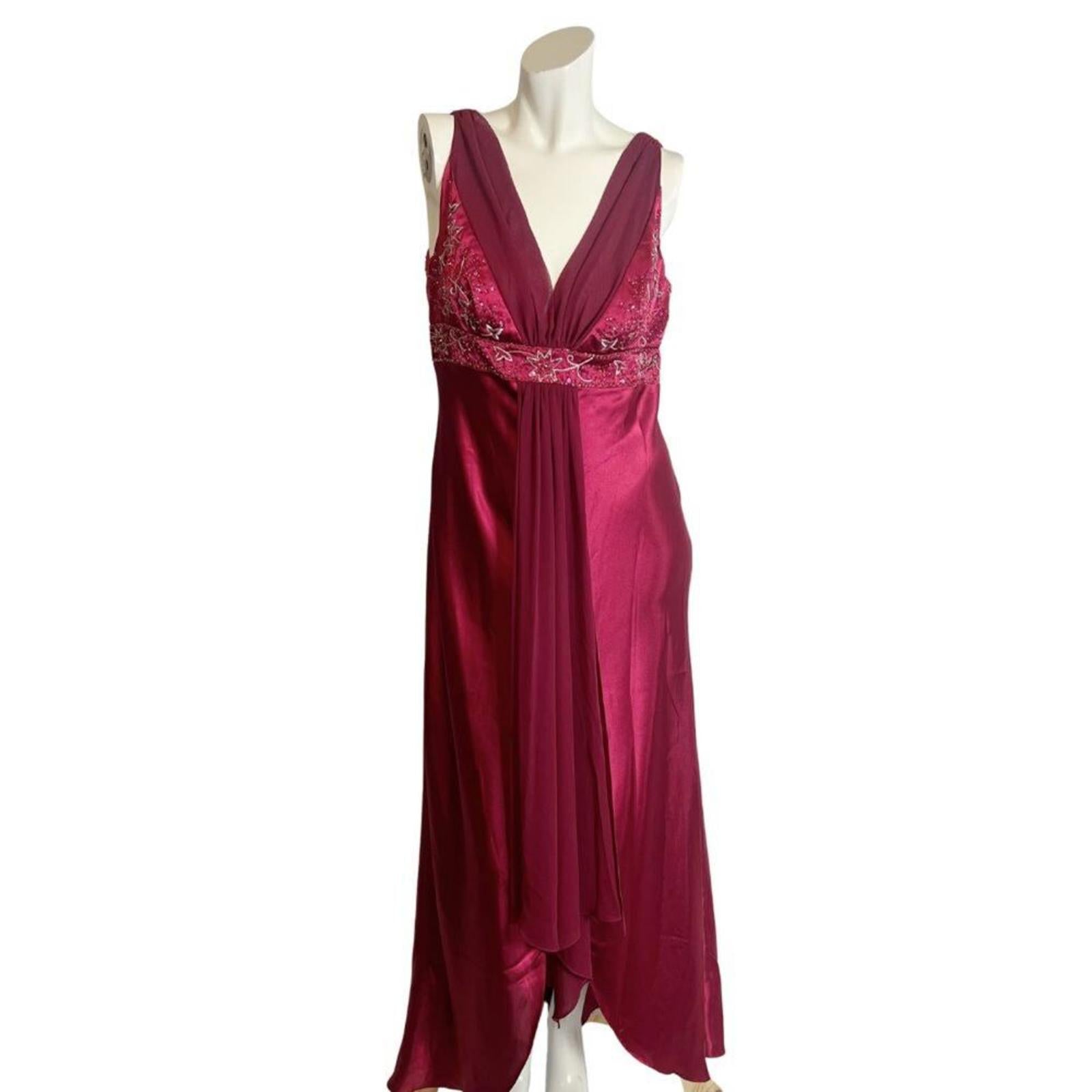 y2k Vintage Marina Bright Burgundy Satin Evening Gown Beaded Whimsygoth Size 12