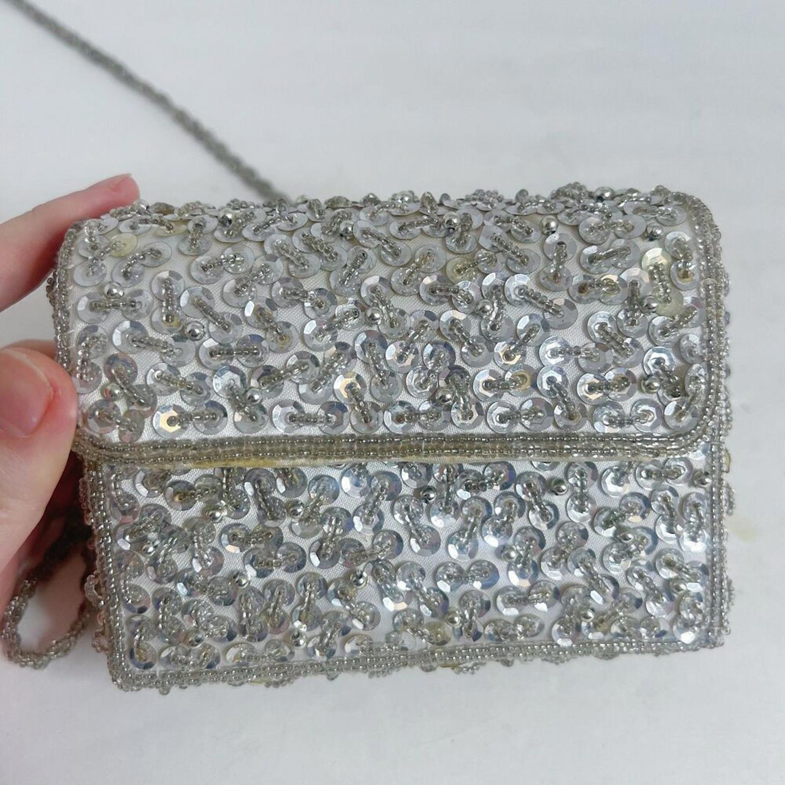 Vintage 90s Silver Sequined Beaded Embellished Evening Bag Party Purse